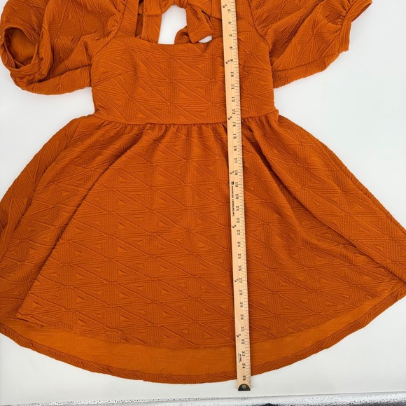 Free People Mini Dress Boho M Orange Textured Puff Sleeve Tie Back Square Neck - Picture 6 of 10